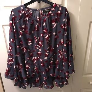 Blue-gray with red floral print, flair sleeves